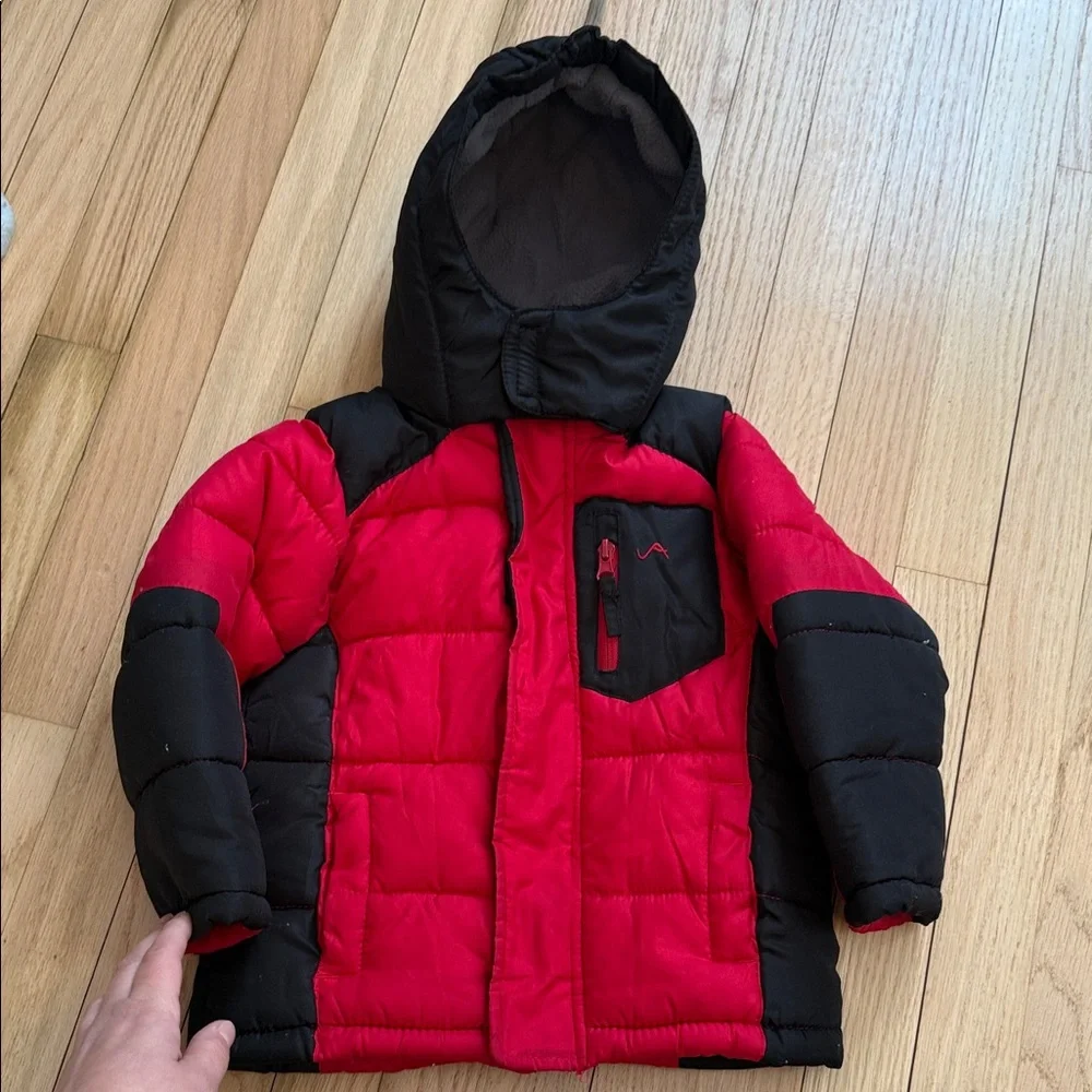 Vertical ‘9 Toddler Red and Black Hooded Fleeced Lined Puffer Jacket with Logo